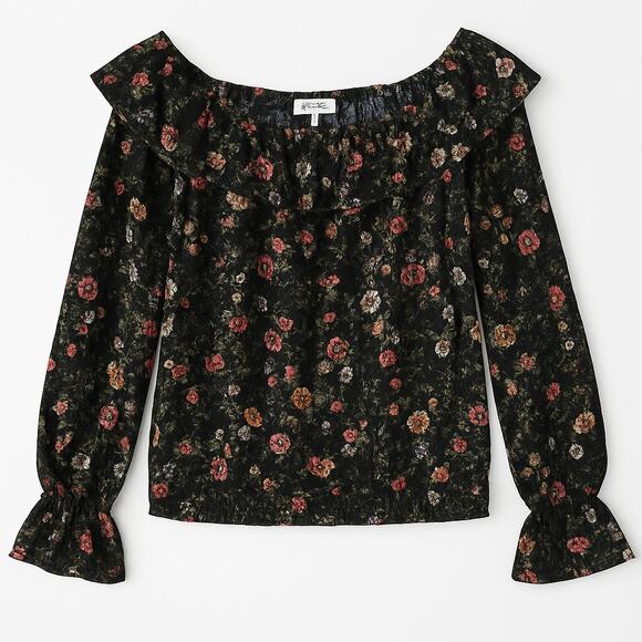 Oliveaceous Black Floral Off Shoulder Peasant Blouse Size M - Picture 2 of 6